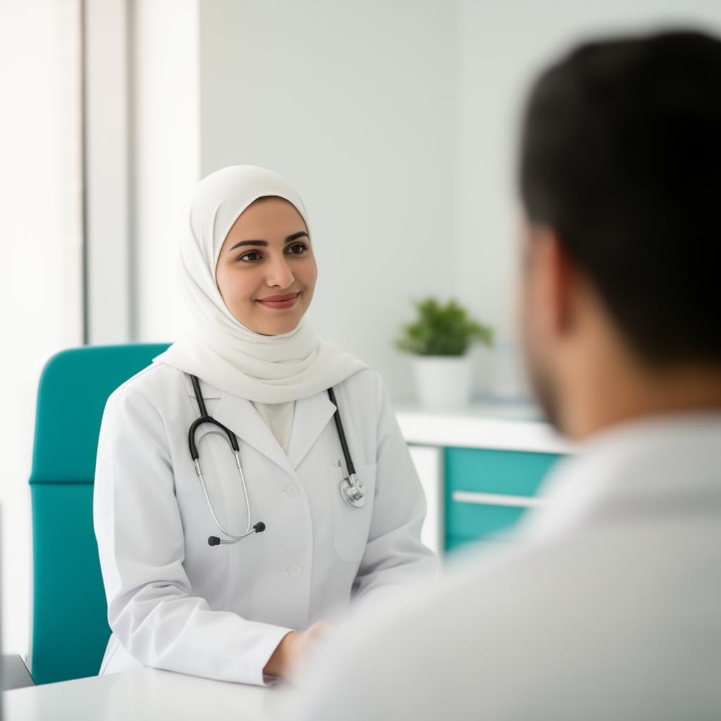 A trusted Saudi female doctor wearing a hijab speaking with a patient in a modern clinic